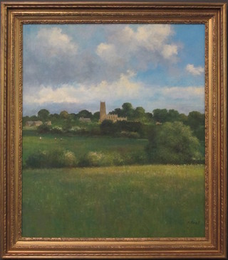 Charles Neal, oil on canvas "Chipping Campden Church in the Cotswolds" 41" x 35"  ILLUSTRATED