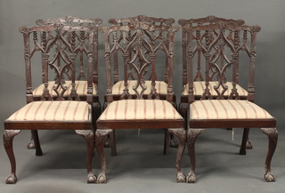A set of 6 19th Century Chippendale style dining chairs with slat  backs and upholstered drop in seats, raised on cabriole supports   ILLUSTRATED