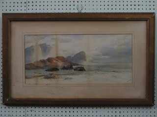 W H Earp, "Seascape with Cliffs and Rocks" 9" x 21", some  light damage