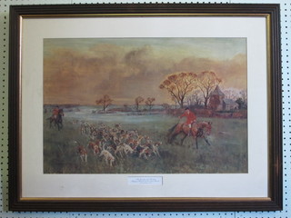 After Lionel Edwards, a coloured print "The Crawley &  Horsham Stopping Hounds at Thakeham Church" 16" x 24"