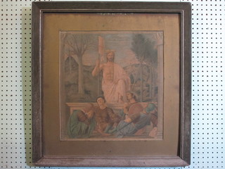 A 19th Century coloured print "Standing Christ in Majesty 16" x  15" and 1 other "Palace Interior with Monks, Donkey and Noble  Women" 20" x 22", arched,