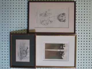 An etching "Gog and Maygog at Guildhall" 8" x 5", an etching  "Loch Gates", a pair of etchings "Fruit", 2 coloured prints of  dogs, a coloured etching "Windmill", an etching "Bag Piper" and  a watercolour "Jug and Lemons" 10" x 7"