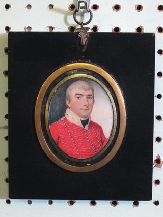 An 18th Century portrait miniature on ivory "Army Officer" 4"  oval, contained in an ebonised frame  ILLUSTRATED