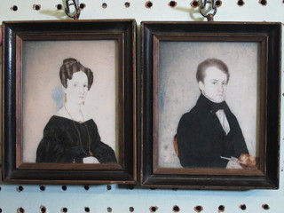 A pair of portrait miniatures on ivory panel "Lady and Gentleman" 4" x 3" contained in ebonised frames