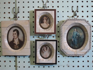 An oval portrait miniature "Robbie Burns" signed Reynolds 4"  and 1 other "Noble Lady" signed Sandry and 2 reproduction  portrait miniatures