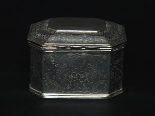 A Victorian engraved silver lozenge shaped caddy with hinged  lid, London 1898 by The Goldsmiths & Silversmiths Co. 9 ozs   ILLUSTRATED