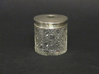 A cylindrical cut glass hair tidy with silver lid, Birmingham  1913,