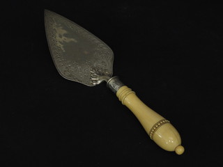A Victorian silver and ivory presentation trowel with engraved silver blade and ivory terminal, Sheffield 1897