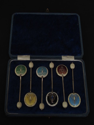 A set of 6 silver and enamelled coffee spoons, Birmingham 1935,  cased
