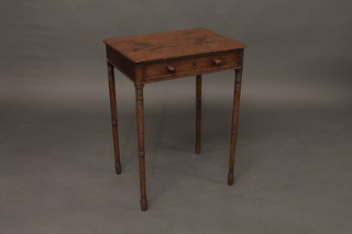 A Georgian rectangular mahogany side table fitted a drawer and raised on turned supports 20"