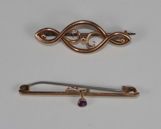 A gold bar brooch set amethysts and 1 other