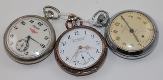 An open faced pocket watch with enamelled dial marked Beamtenfiewn System Glashutte together with 2 pocket watches  contained in chrome cases