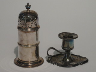 A Britannia metal chamber stick with detachable sconce and a silver plated sugar sifter