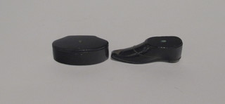 A lacquered snuff box in the form of a shoe 3 1/2" and an oval lacquered snuff box 3"