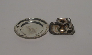 A 19th Century silver plated chamber stick and snuffer, 2 1/2"  and a Mexican Sterling silver dish 4 1/2"