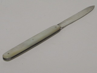 A Victorian silver bladed folding fruit knife with mother of pearl  grip, Birmingham 1886