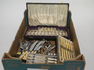 A set of 6 silver plated fish knives and forks cased and a quantity  of silver plated flatware