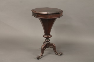 A Victorian mahogany work box of octagonal conical form raised  on pillar and tripod supports 17"
