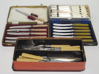 A set of 6 silver plated fish knives and forks and 3 sets of 6 tea knives, cased