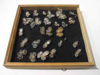 A wooden display case containing a collection of silver filigree brooches in the form of butterflies