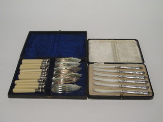 A set of 6 Queens pattern silver handled tea knives and a set of 6  silver plated fish knives and forks, cased