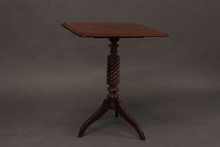 A William IV rectangular mahogany snap top wine table, raised  on a spiral column and tripod base 23"
