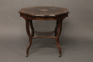 A Victorian shaped inlaid rosewood 2 tier occasional table, raised on cabriole supports 35"
