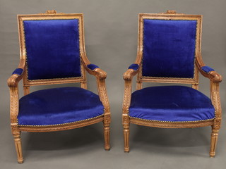 A pair of French style walnut open arm chairs the seats and backs upholstered in garter blue, raised on turned supports