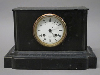 A 19th Century French 8 day striking mantel clock with  enamelled dial and Roman numerals contained in a black marble  architectural case, chipped, by LeRoy & Fils