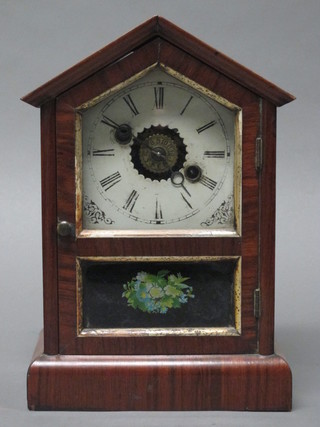 An American striking shelf alarm clock with metal painted dial  and Roman numerals, contained in a rosewood architectural style  case 25"