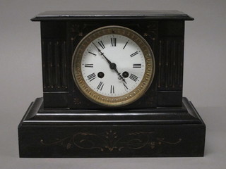 A French 19th Century 8 day striking mantel clock with  enamelled dial and Roman numerals contained in a black marble  architectural case