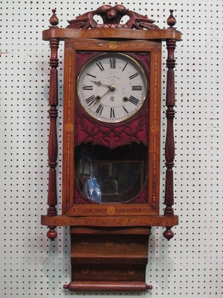 An American 8 day striking wall clock with painted dial and  Roman numerals, contained in a parquetry case by E N Welch