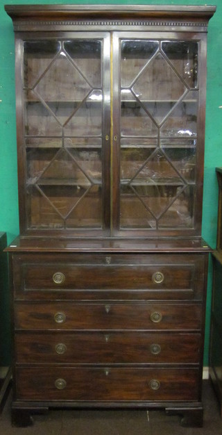 A 19th Century mahogany secretaire bookcase, the upper section  with moulded and dentil cornice, fitted adjustable shelves  enclosed by astragal glazed panelled doors, with well fitted  secretaire drawer above 3 long drawers, raised on bracket feet  43"