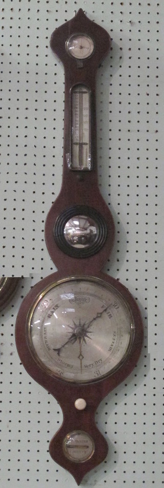 A 19th Century mercury wheel barometer and thermometer with  silver dial, damp/dry indicator, convex mirror and spirit level