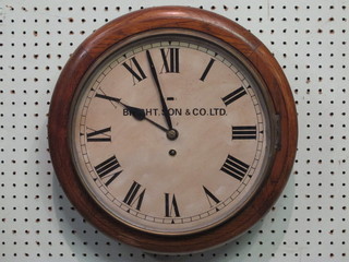 A wall clock, the 11 1/2" painted dial and Roman numerals  marked Bright Sons & Co Ltd, contained in an oak case,
