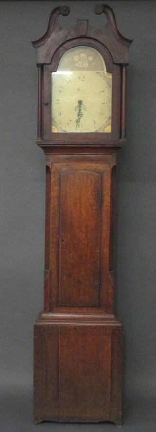 An 18th Century 8 day striking longcase clock, the 13" arch  painted dial with Roman numerals and calendar aperture contained in an oak case 87"  ILLUSTRATED
