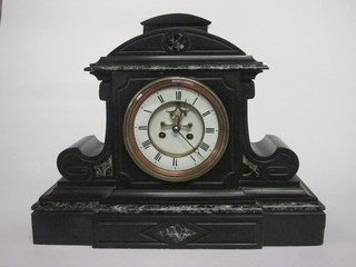 A Victorian 8 day striking mantel clock with visible escapement, enamelled dial and Roman numerals contained in a 2 colour  marble architectural case