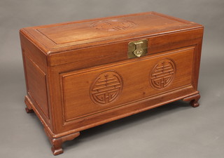 A 20th Century carved Hong Kong camphor coffer with hinged  lid, raised on cabriole supports 39"