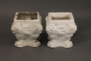 A pair of square white painted garden urns with lion mask  decoration 12"
