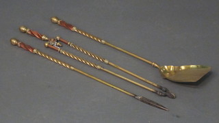 A brass 3 piece fireside companion set - pair of tongs, shovel and  poker