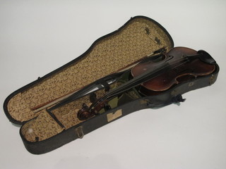 A violin labelled Owen Leeds with 14 1/2" back, complete with  bow and fibre carrying case