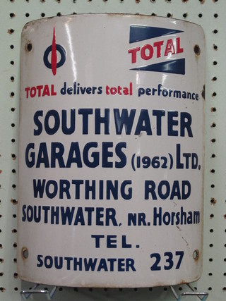 A blue and white enamelled telegraph pole sign - Total, Southwater Garage, Worthing Road, Southwater, Nr Horsham,  12" x 9"  ILLUSTRATED FRONT COVER