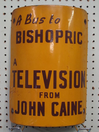 A yellow and brown enamelled telegraph pole sign - A Bus to the Bishopric, a Television from John Caine, 12" x 9"   ILLUSTRATED FRONT COVER