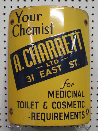 A blue and yellow enamelled telegraph pole sign - Your Chemist  A Charrett Ltd, 31 East Street 12" x 9"  ILLUSTRATED FRONT COVER
