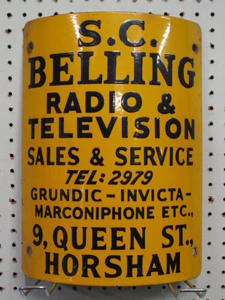 An enamelled telegraph pole sign - S C Belling Radio &  Television Sales & Services, 9 Queen Street, Horsham, 12" x 9"   ILLUSTRATED FRONT COVER