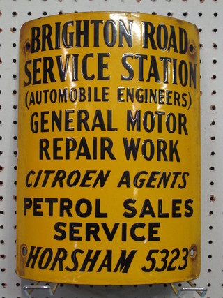 An enamelled telegraph pole sign - Brighton Road Service  Station Automobile Engineers, General Motor Works Repairs,  Horsham 5323, 12" x 9"  ILLUSTRATED FRONT  COVER
