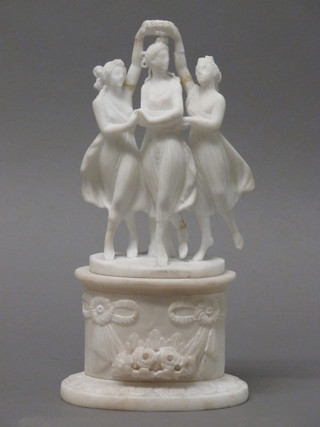 A 19th Century alabaster figure of The Three Graces, f, raised on  a stand 10" contained under a glass dome
