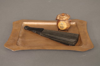 A rectangular copper tray 17", an ebonised fan and a turned  wooden money box in the form of a Cauldron