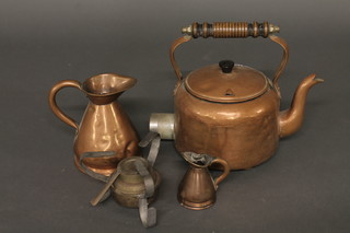 An early copper electric kettle, 2 small copper harvest measures  and a spirit burner