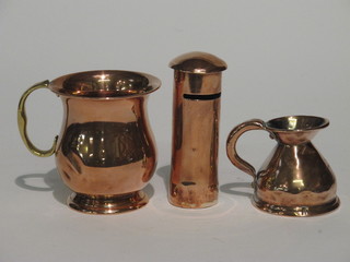 A small copper harvest measure 3", a copper and brass tankard  and a copper money box in the form of a pillar box